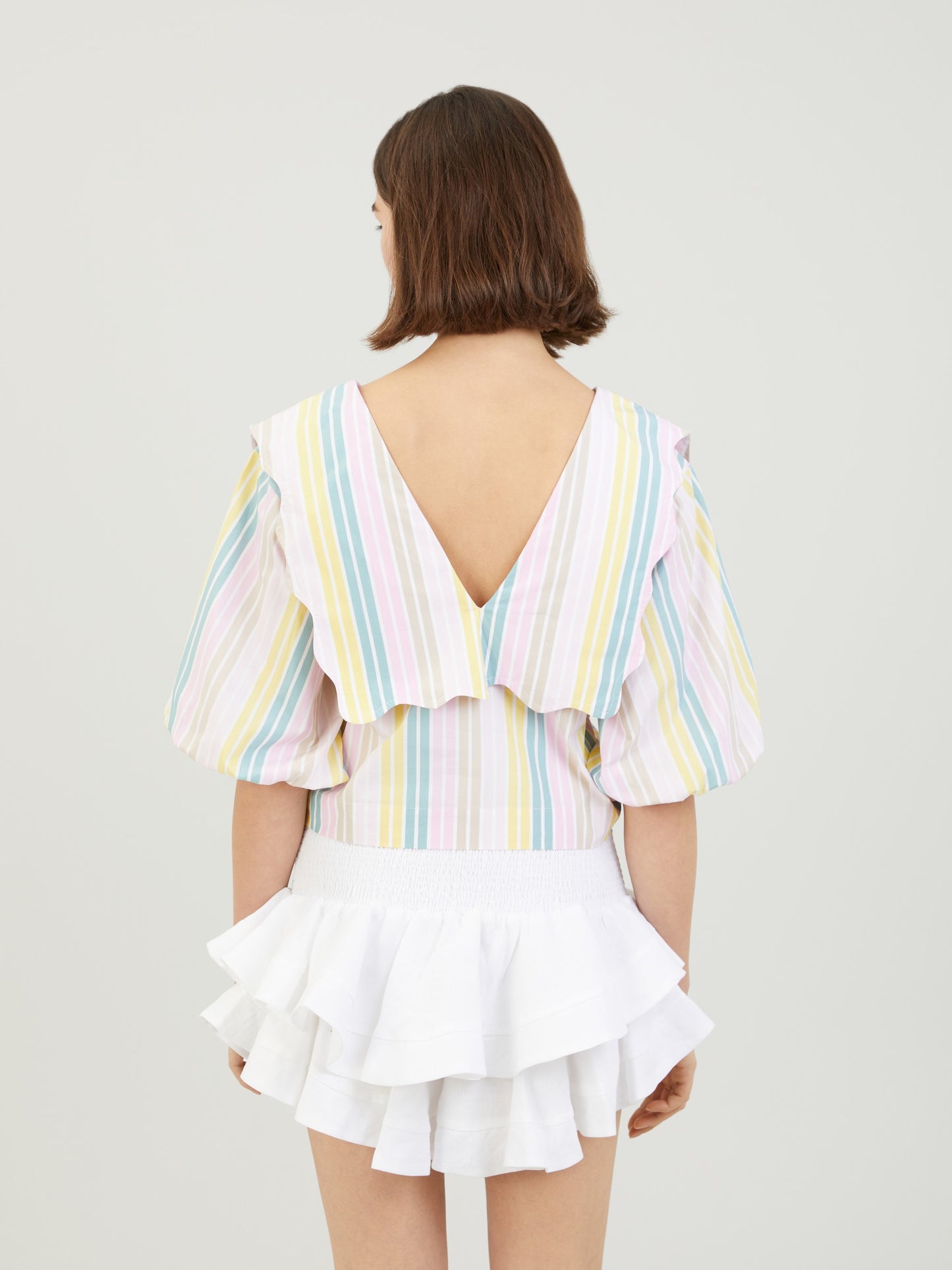 GANNI large collar multicolored stripes short blouse with puff sleeves
