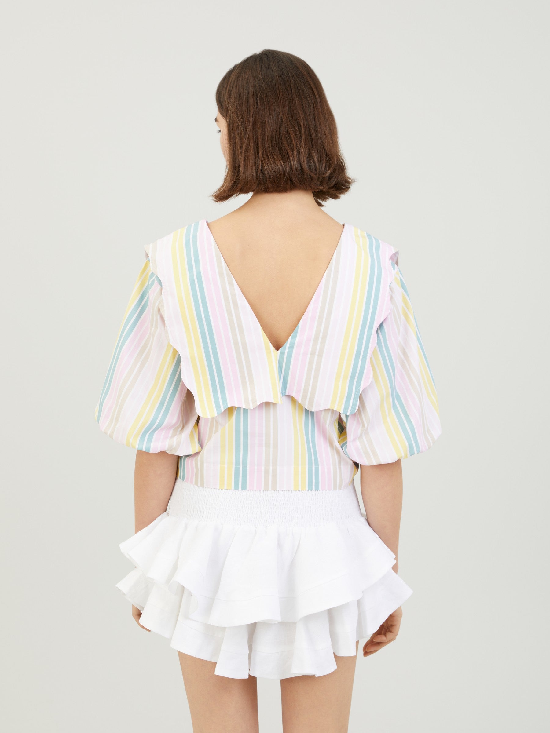 GANNI large collar multicolored stripes short blouse with puff sleeves