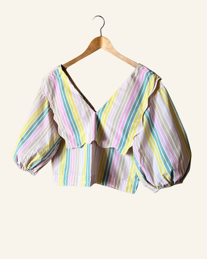 GANNI large collar multicolored stripes short blouse with puff sleeves