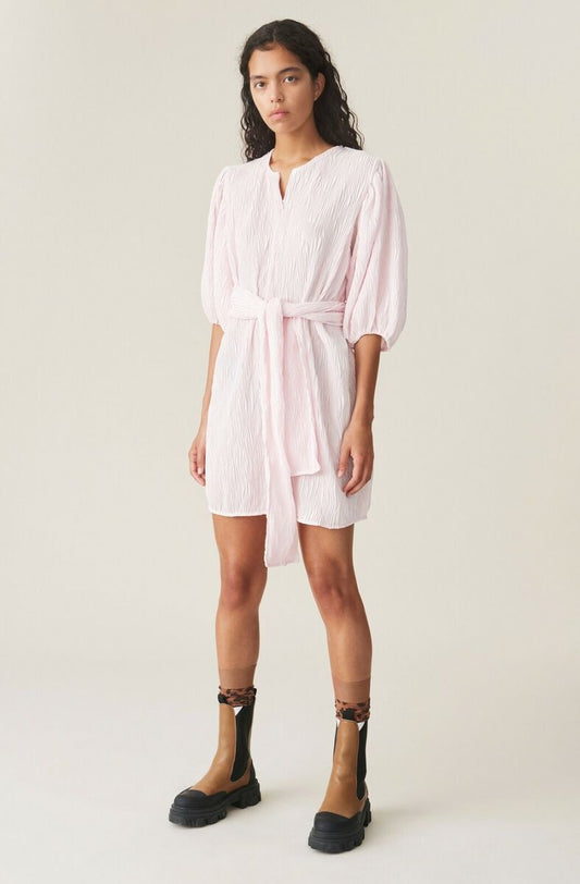 GANNI light baby pink pleated satin mini dress with belt