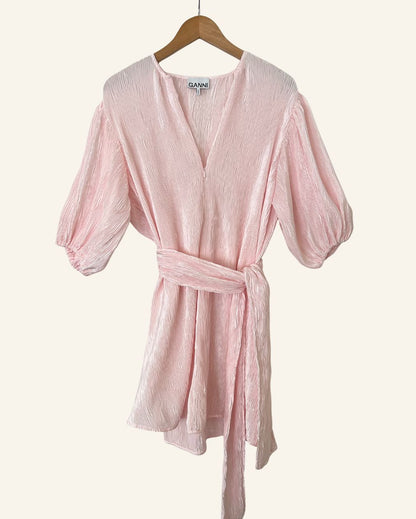 GANNI light baby pink pleated satin mini dress with belt