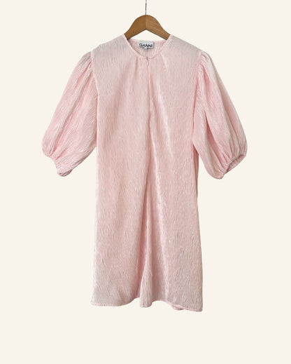GANNI light baby pink pleated satin mini dress with belt