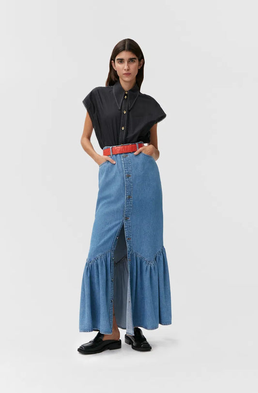 GANNI  long denim high waist mid-blue skirt