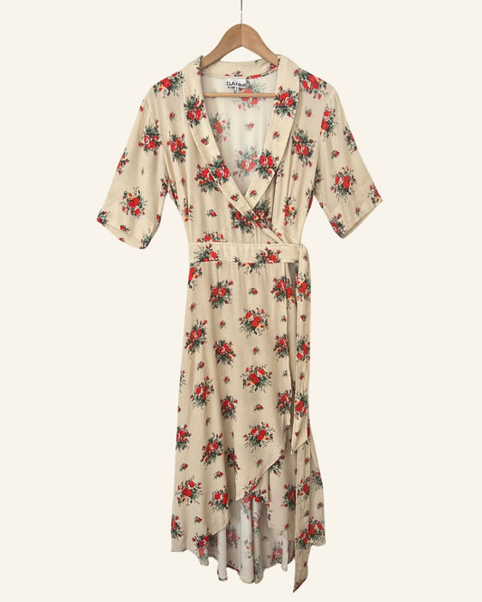 GANNI long floral creme beige wrap dress