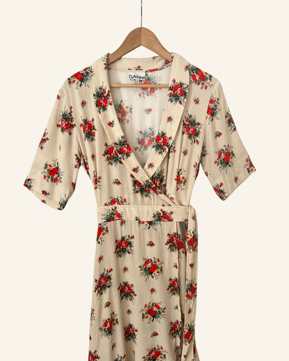 GANNI long floral creme beige wrap dress