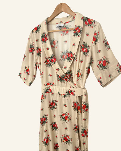 GANNI long floral creme beige wrap dress