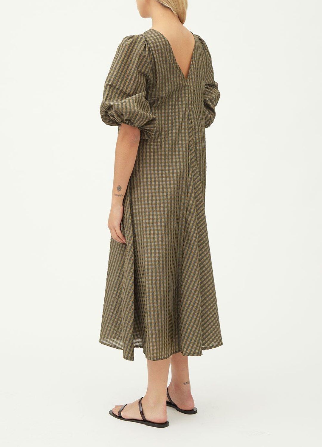 GANNI &nbsp;kaki green gingham seersucker checked dress with puff sleeves