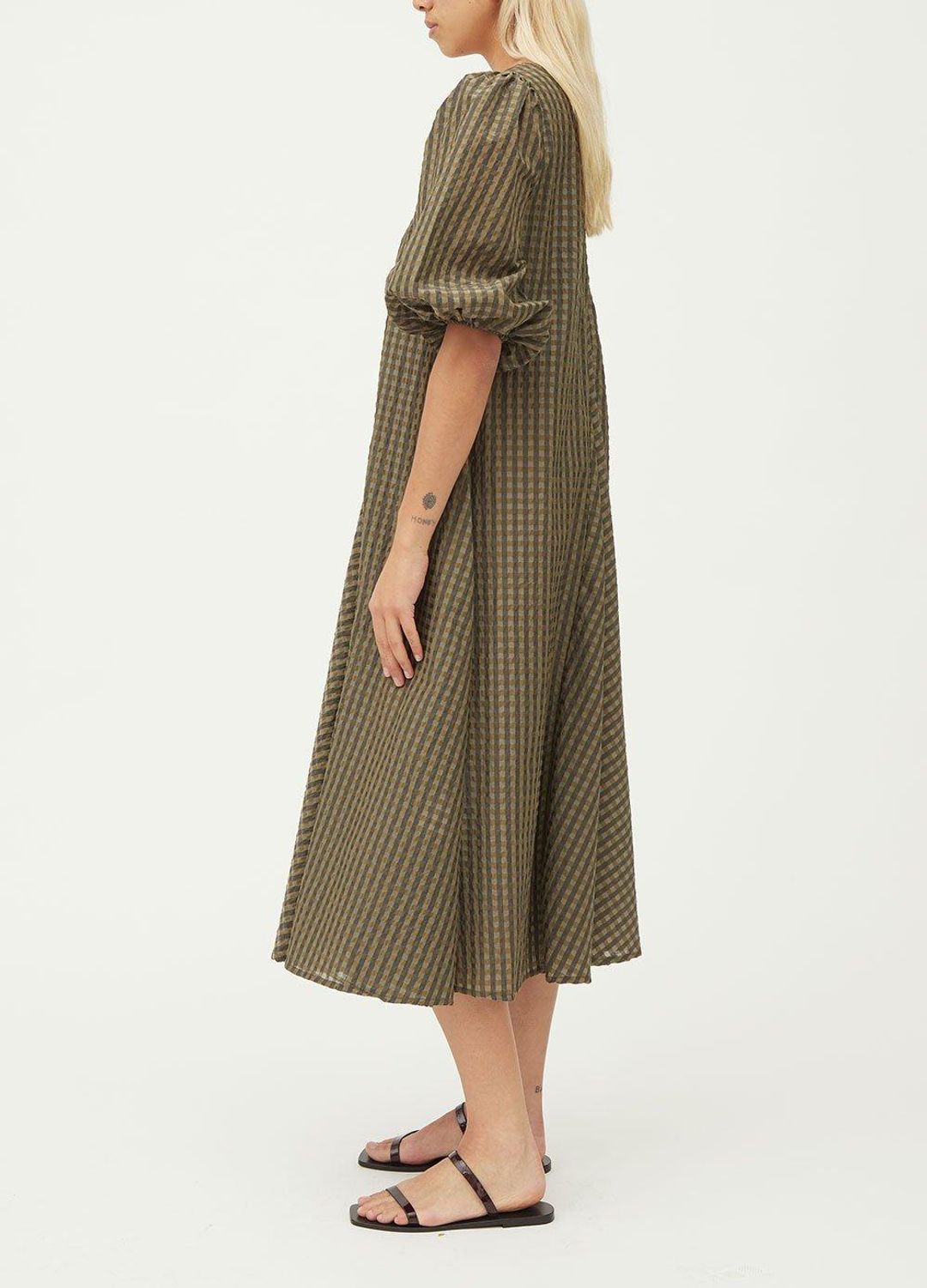 GANNI &nbsp;kaki green gingham seersucker checked dress with puff sleeves