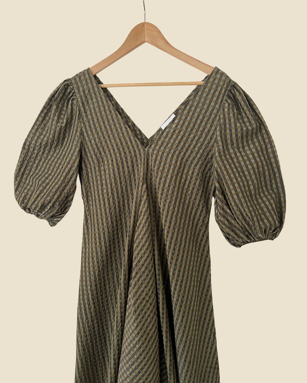 GANNI &nbsp;kaki green gingham seersucker checked dress with puff sleeves