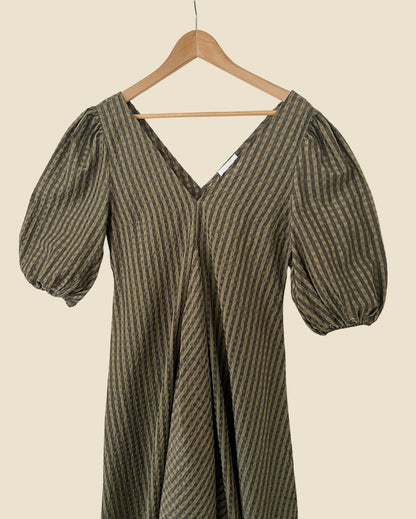 GANNI &nbsp;kaki green gingham seersucker checked dress with puff sleeves