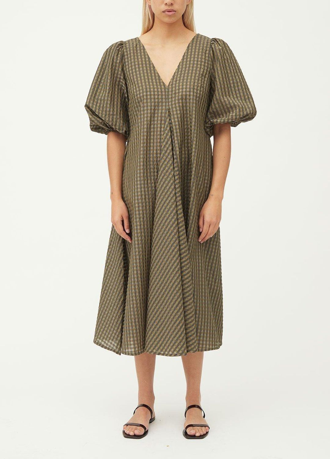 GANNI &nbsp;kaki green gingham seersucker checked dress with puff sleeves&nbsp;