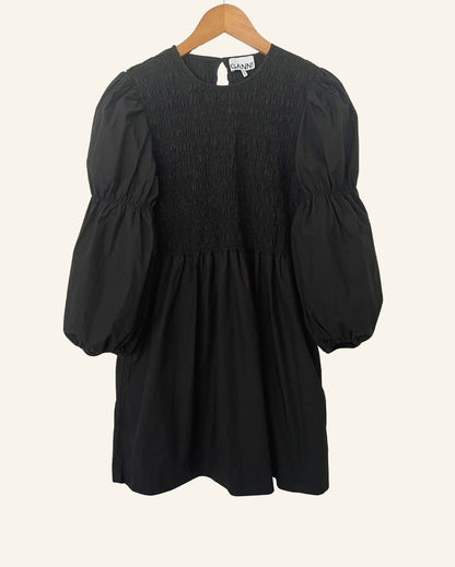 GANNI organic cotton poplin black smock mini dress