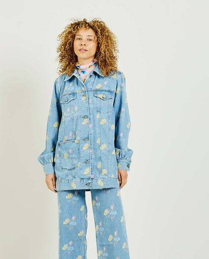 GANNI organic denim floral printed light blue jacket