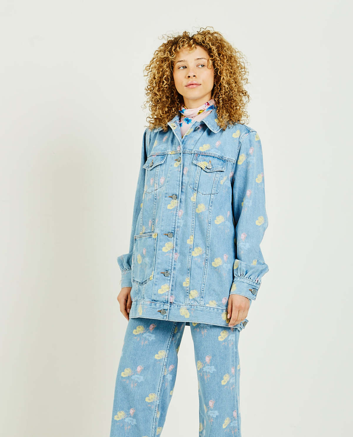 GANNI organic denim floral printed light blue jacket