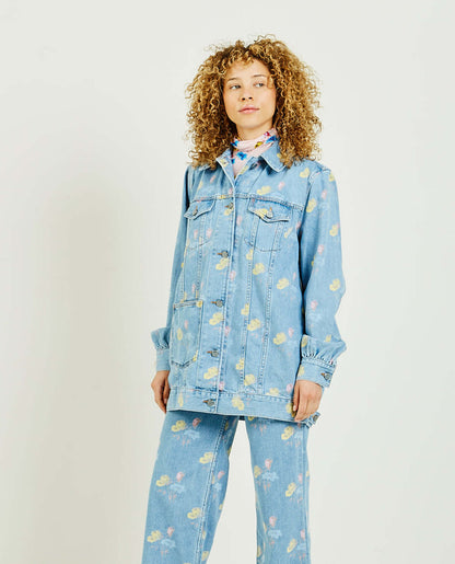 GANNI organic denim floral printed light blue jacket