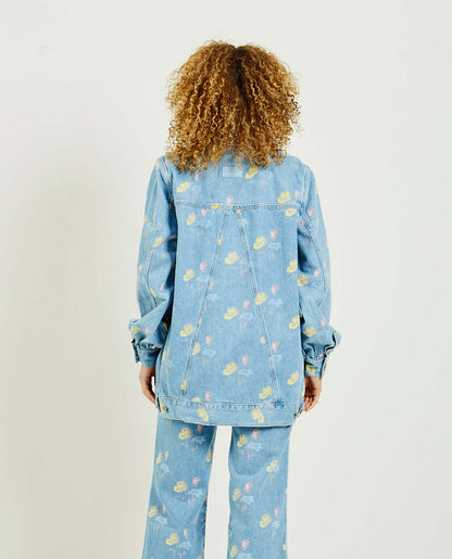 GANNI organic denim floral printed light blue jacket
