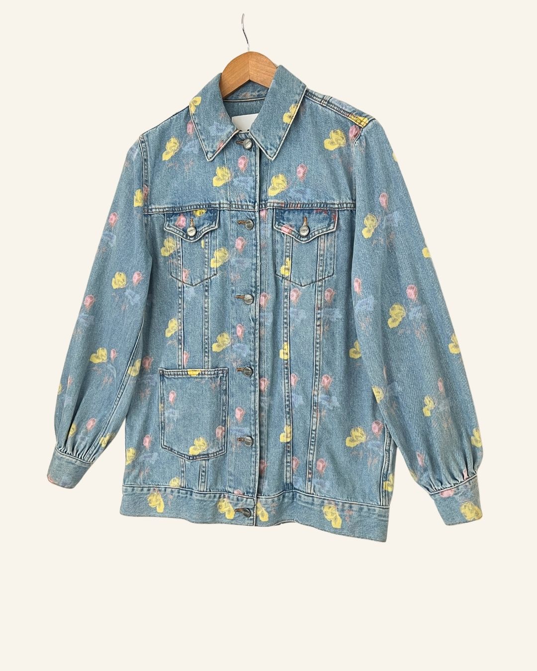 GANNI organic denim floral printed light blue jacket