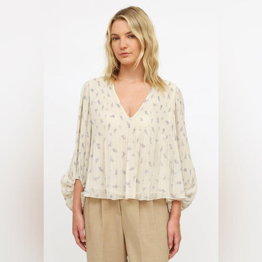 GANNI oversize pleated floral extra puff sleeves V neck blouse