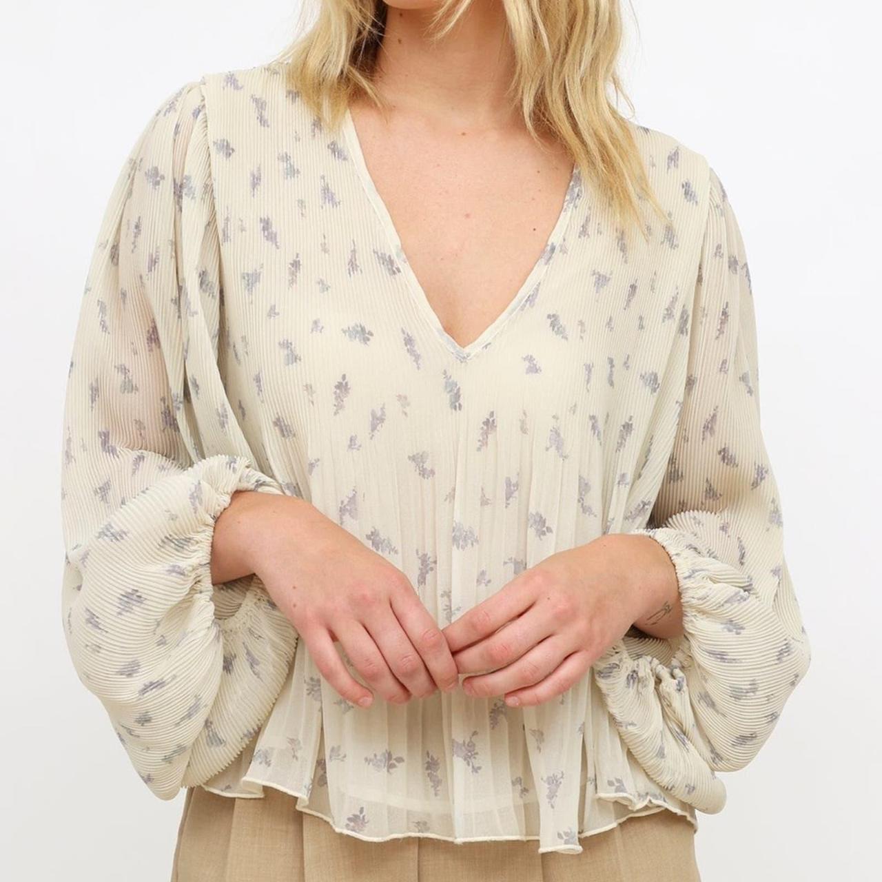 GANNI oversize pleated floral extra puff sleeves V neck blouse