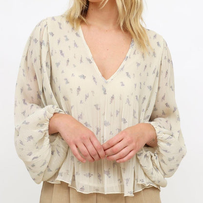 GANNI oversize pleated floral extra puff sleeves V neck blouse