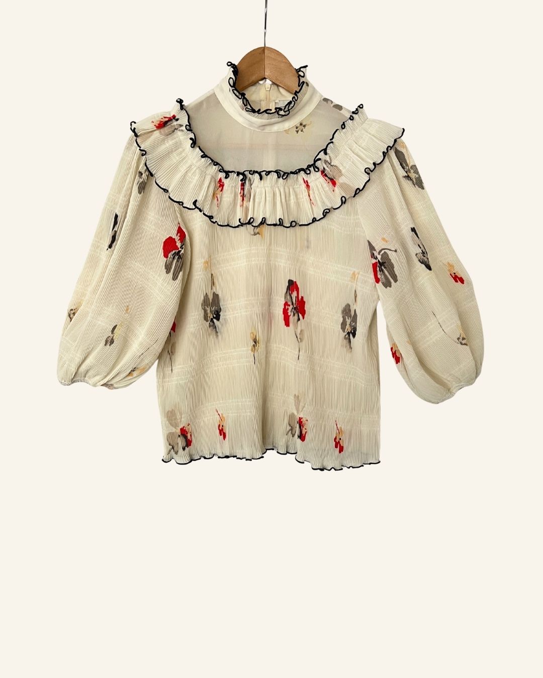 GANNI pleated cream ruffled blouse with puff sleeves