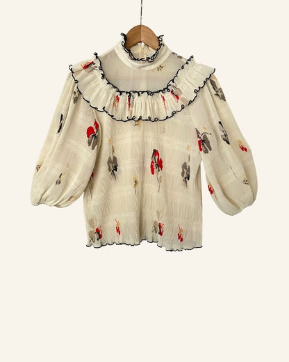 GANNI pleated cream ruffled blouse with puff sleeves