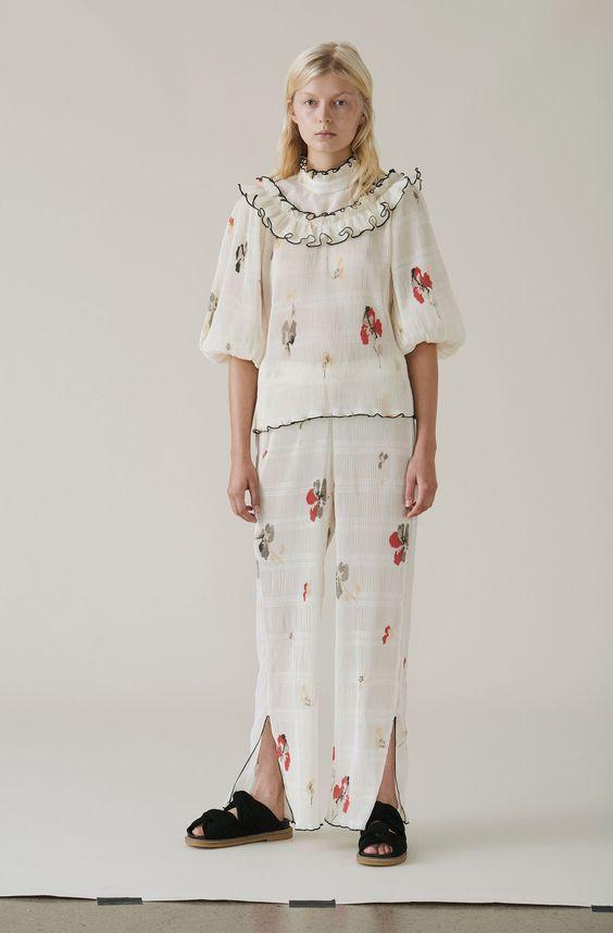 GANNI pleated cream ruffled blouse with puff sleeves lowell