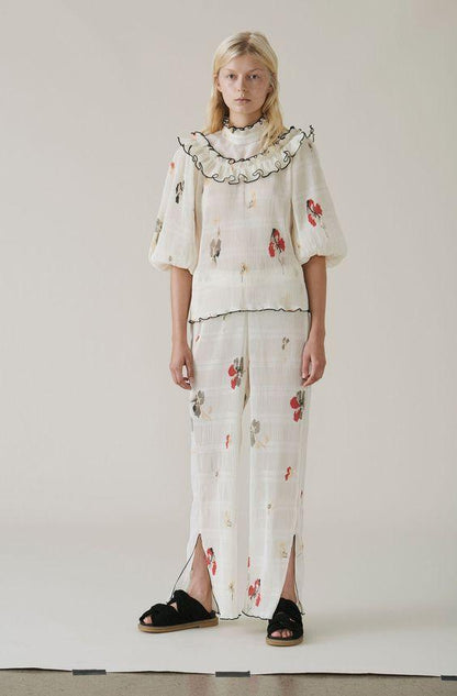 GANNI pleated cream ruffled blouse with puff sleeves lowell