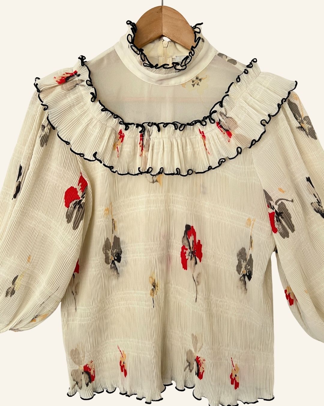 GANNI pleated cream ruffled blouse with puff sleeves lowell