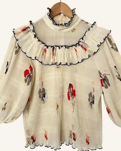 GANNI pleated cream ruffled blouse with puff sleeves lowell