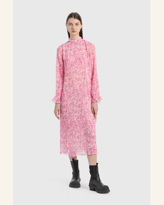 GANNI pleated floral pink long Georgette dress