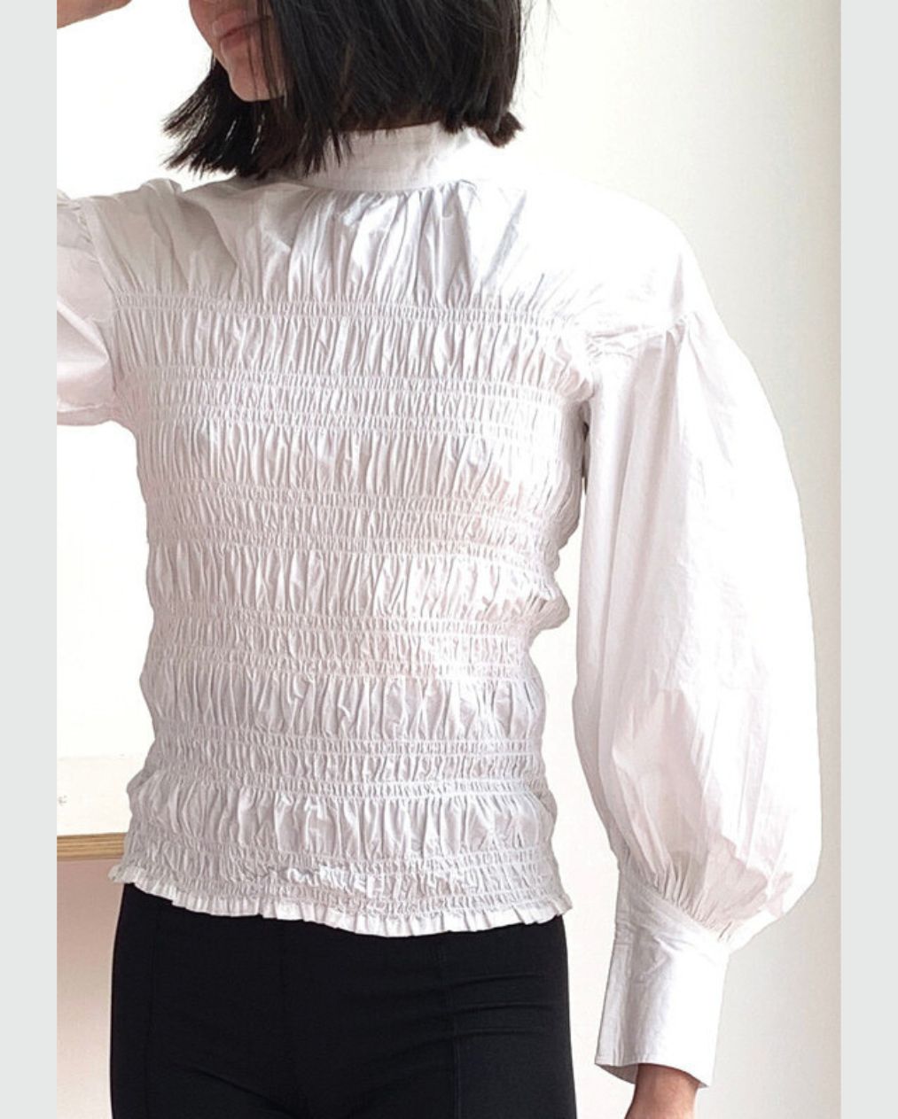 GANNI puff sleeves smock white cotton poplin blouse