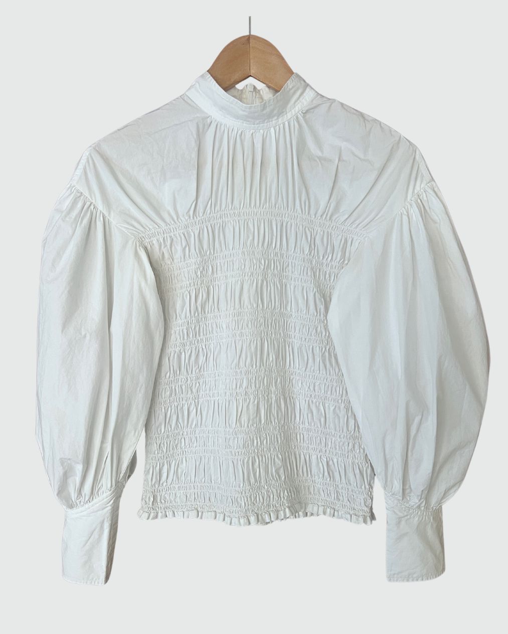 GANNI puff sleeves smock white cotton poplin blouse