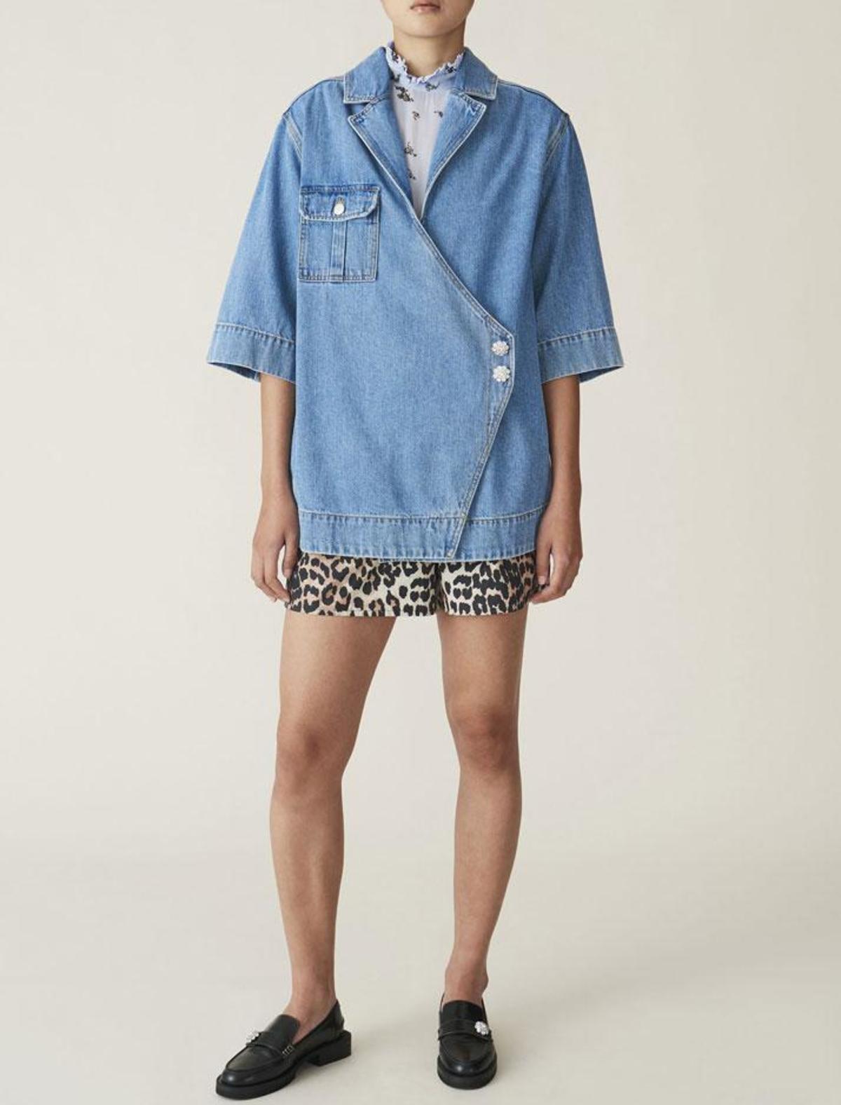 GANNI relaxed wrap crystal flower button organic denim jacket