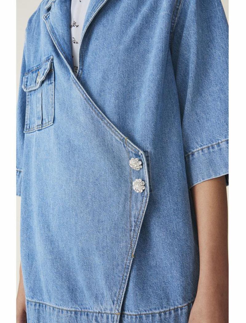 GANNI relaxed wrap crystal flower button organic denim jacket