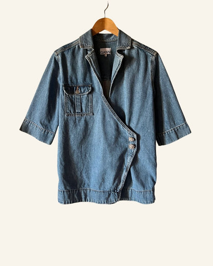 GANNI relaxed wrap crystal flower button organic denim jacket