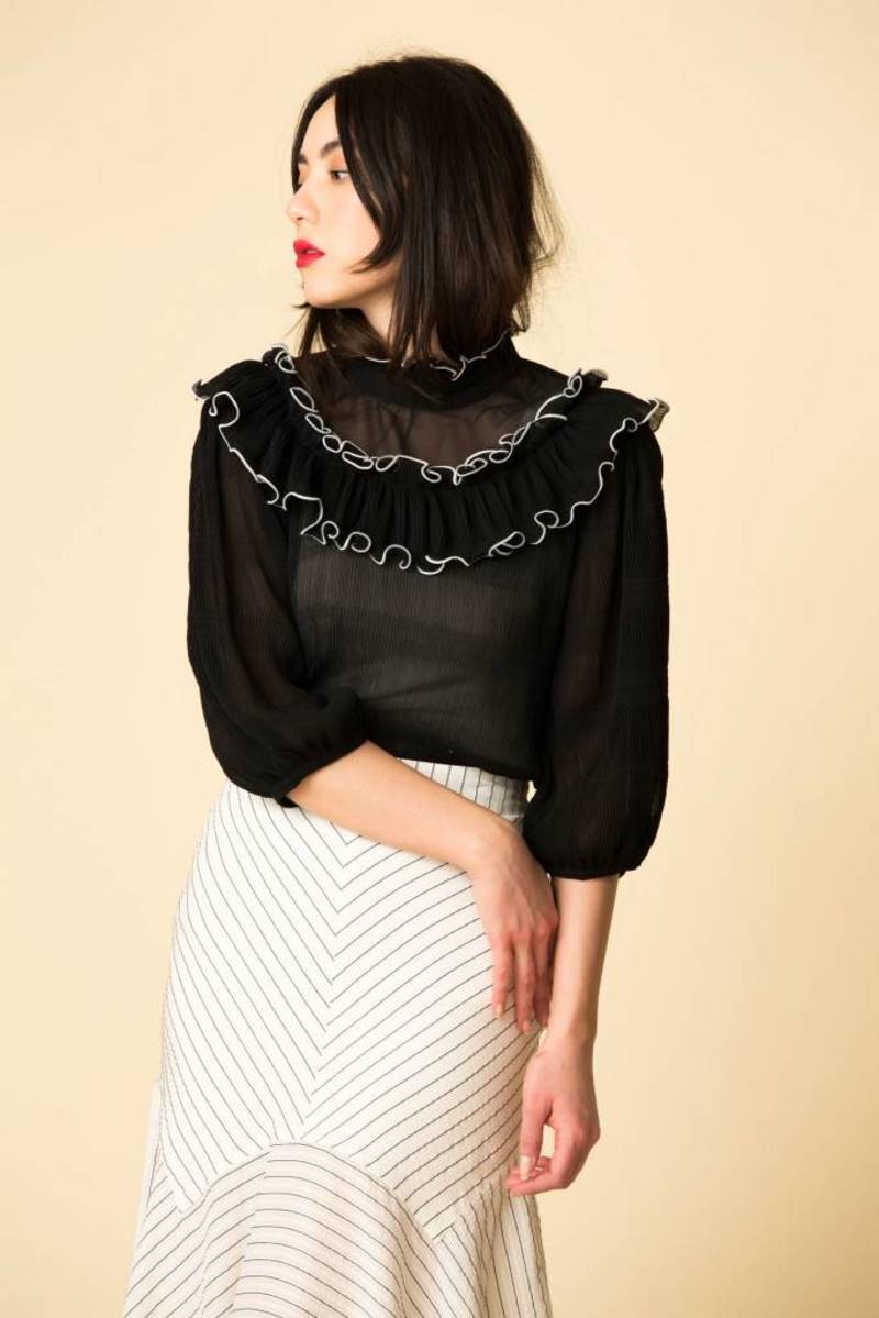 GANNI ruffled  pleated black top blouse with puff sleeves