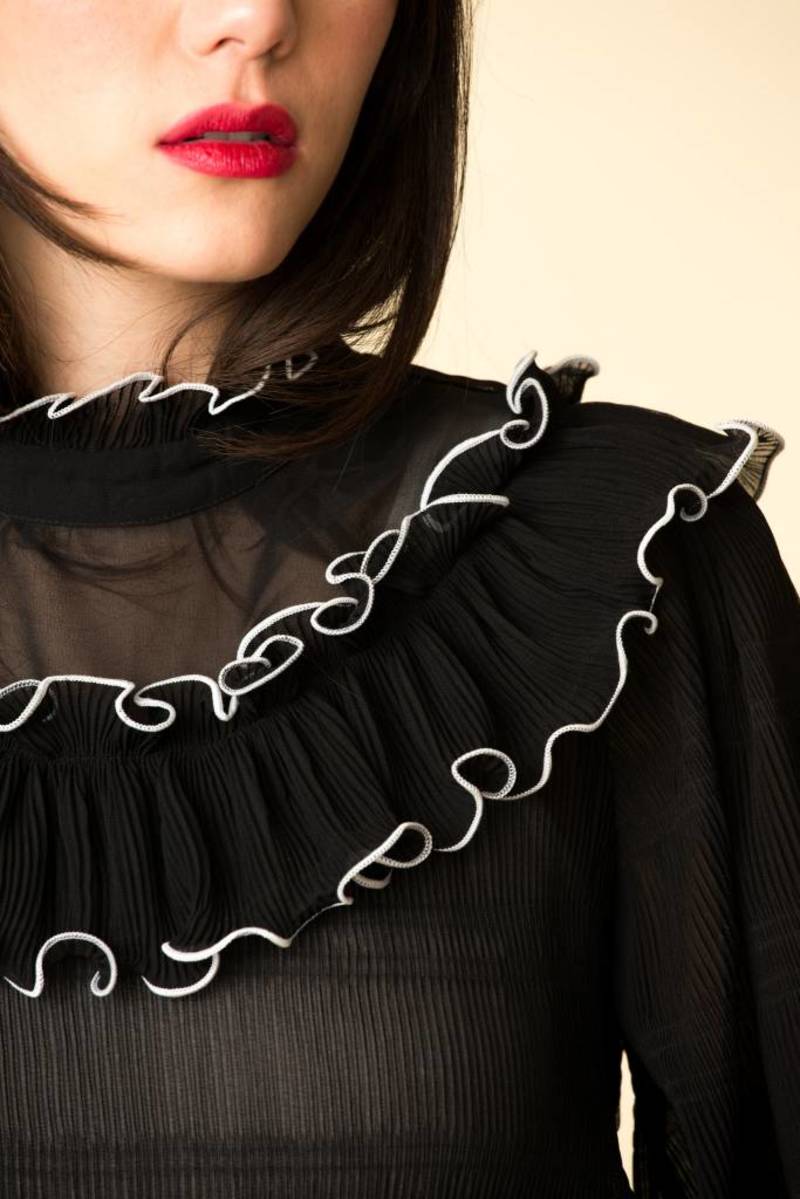 GANNI ruffled  pleated black top blouse with puff sleeves lowell
