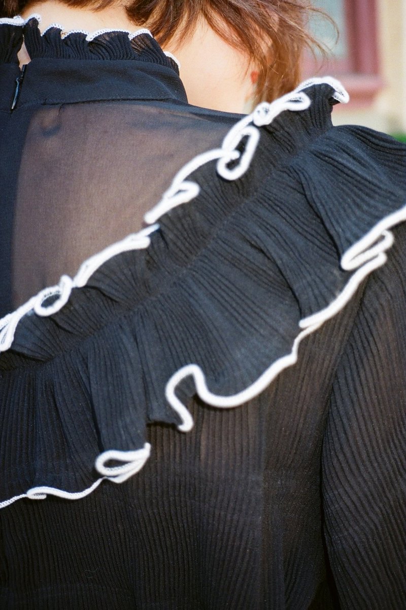 GANNI ruffled  pleated black top blouse with puff sleeves lowell
