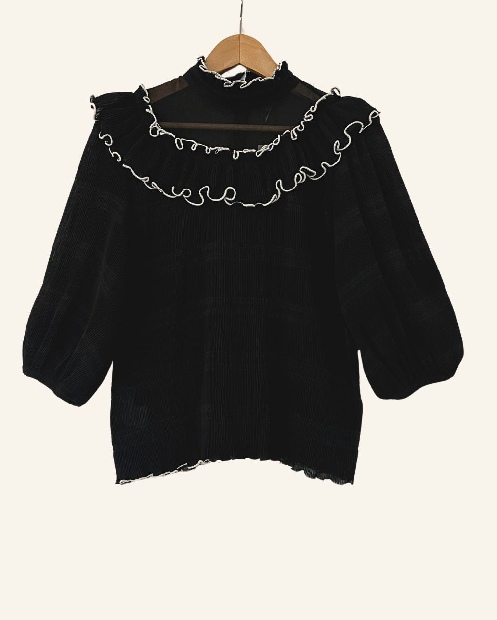 GANNI ruffled  pleated black top blouse with puff sleeves lowell