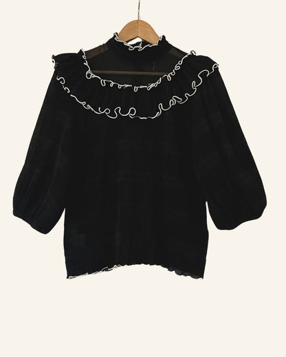 GANNI ruffled  pleated black top blouse with puff sleeves lowell