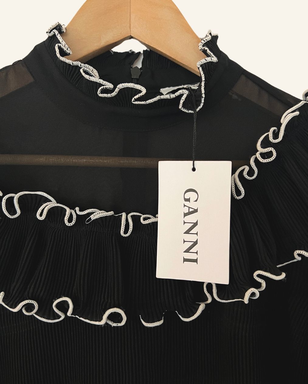 GANNI ruffled  pleated black top blouse with puff sleeves lowell