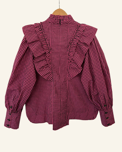 GANNI seersucker checkered gingham pink and black ruffled blouse with puff sleeves