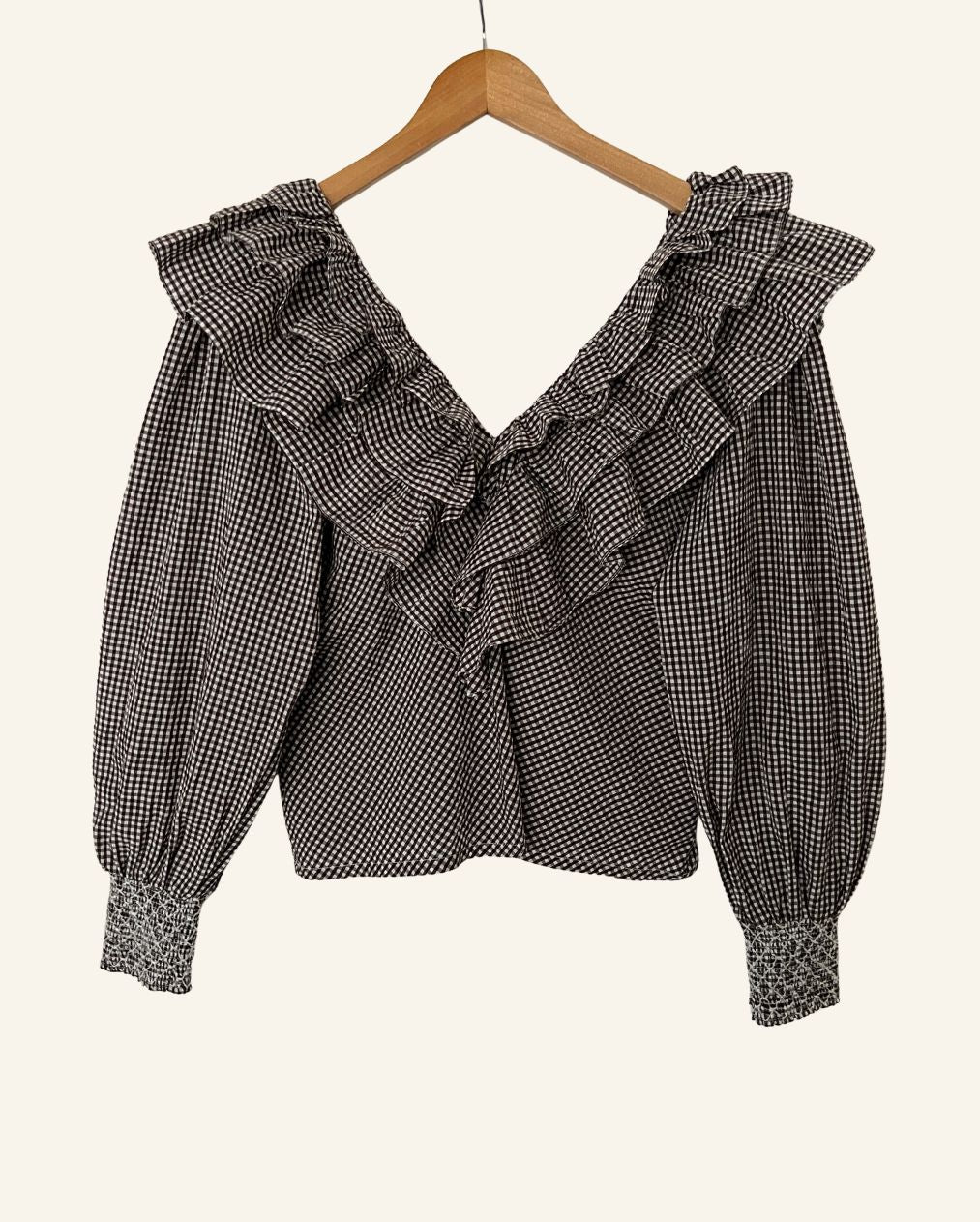 GANNI seersucker gingham checked ruffled puff sleeves blouse charron