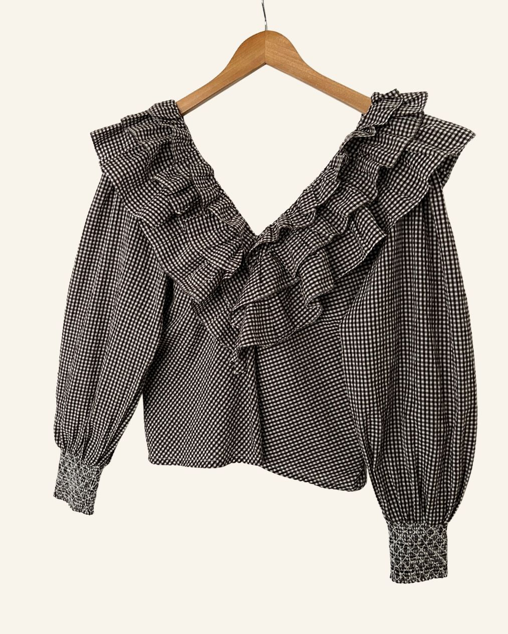 GANNI seersucker gingham checked ruffled puff sleeves blouse charron