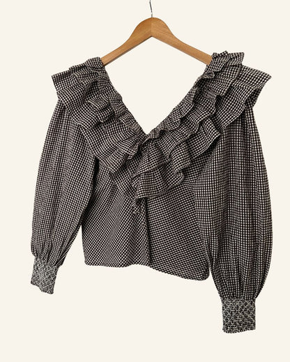 GANNI seersucker gingham checked ruffled puff sleeves blouse charron