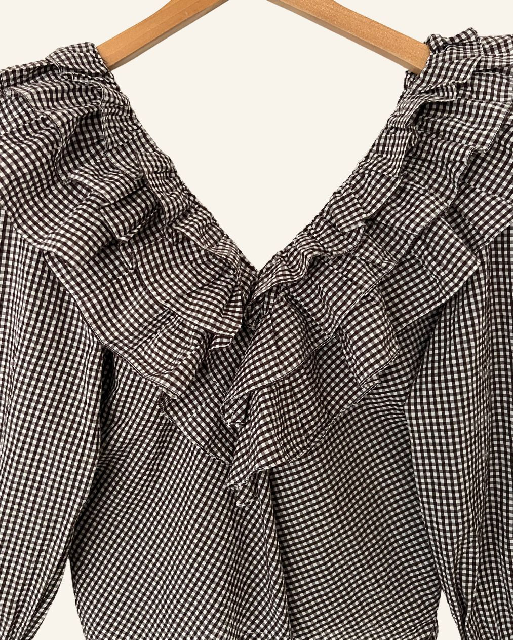 GANNI seersucker gingham checked ruffled puff sleeves blouse charron