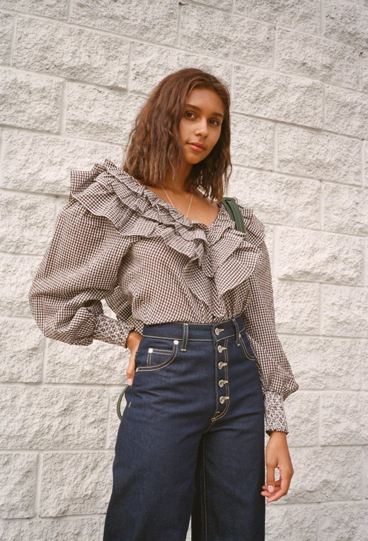 GANNI seersucker gingham checked ruffled puff sleeves blouse charron