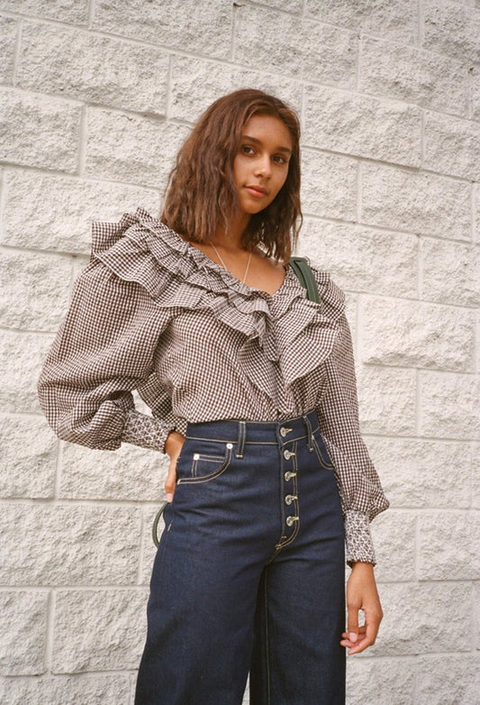 GANNI seersucker gingham checked ruffled puff sleeves blouse charron
