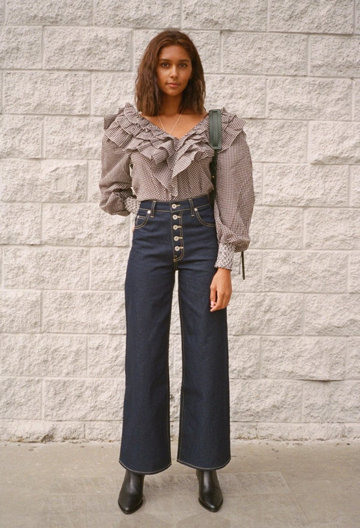 GANNI seersucker gingham checked ruffled puff sleeves blouse charron